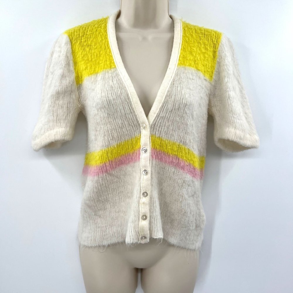 Women's sweater vintage retro 70 White & Yellow V-Neck Short Sleeve Button Front
